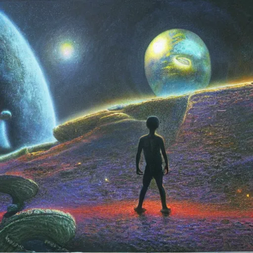Image similar to an epic 8 k resolution painting of a black boy exploring the temple of the alien gods at the end of the universe, by bob eggleton