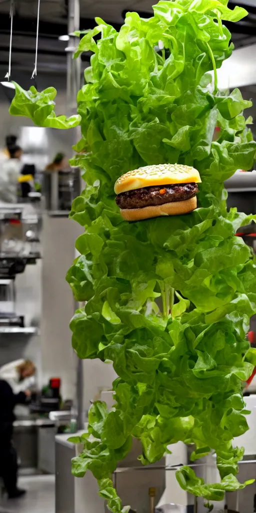 Image similar to a lab - grown cheese burger, growing right out of a hydroponic vine, amazing cheeseburger science garden