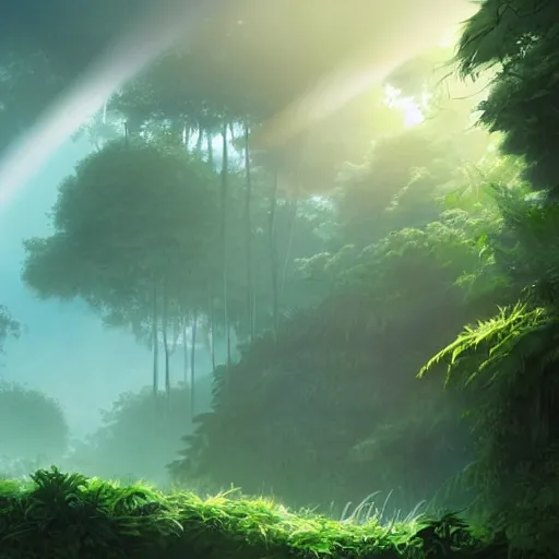 jungle, explorers, mist, god rays, concept art