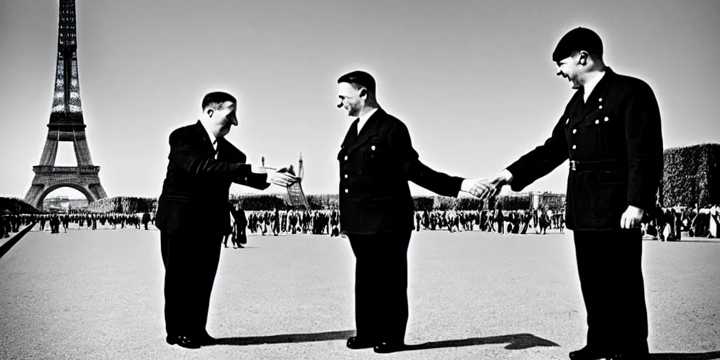 Image similar to minion shaking adolf hitlers hand in front of the eiffel tower, black and white, hyper realistic, award winning photo