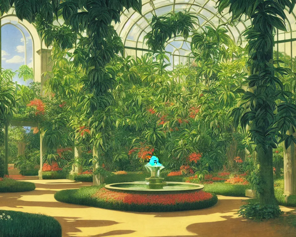 Image similar to an achingly beautiful print of the interior of a botanic garden, featuring flowing fountains and tropical foliage, by Raphael, Hopper, and Rene Magritte. detailed, romantic, enchanting, trending on artstation.