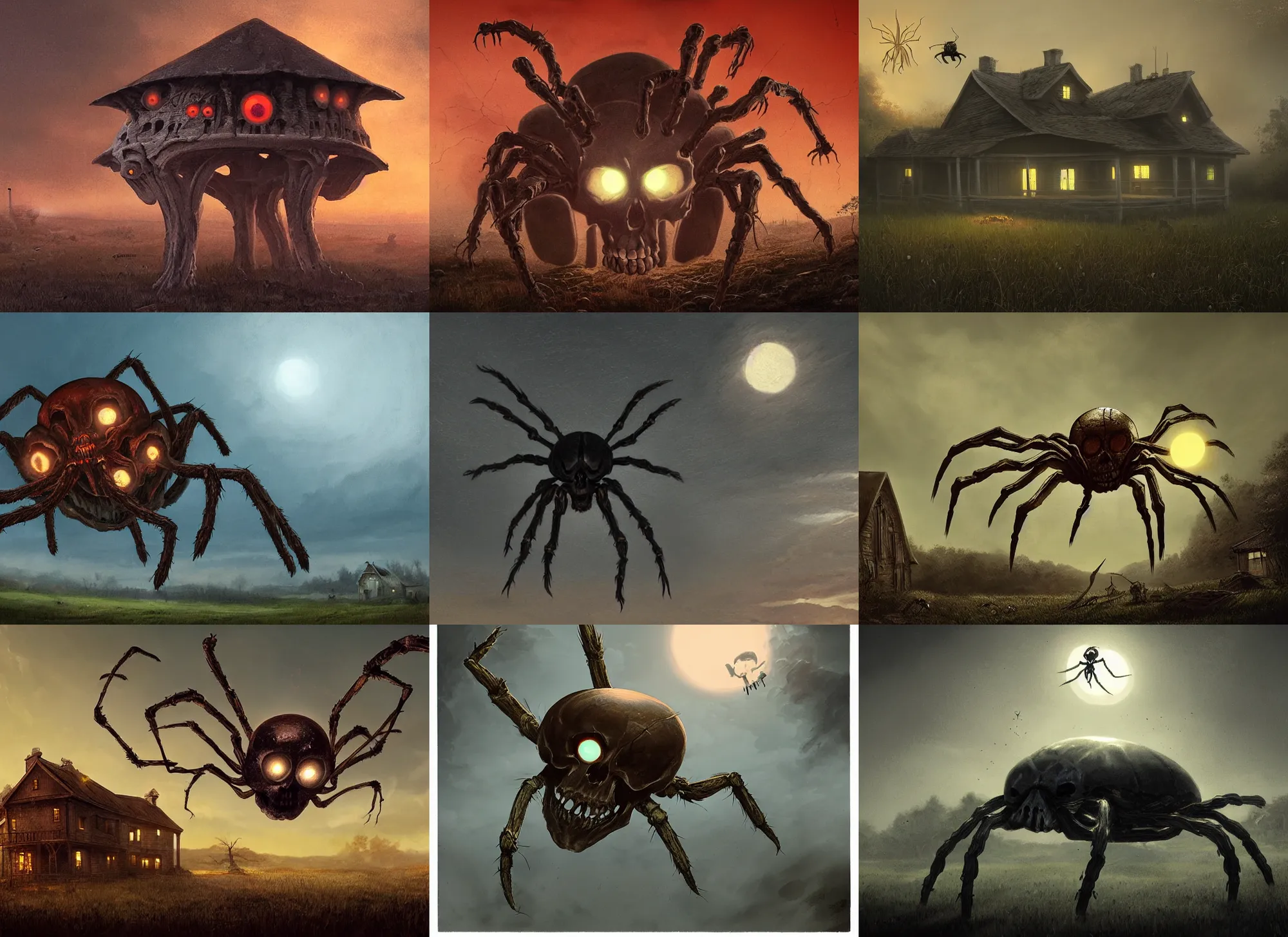 Prompt: giant skull spider with bright glowing eyes at dusk, hovering over farmhouse, in the style of Greg rutkowski