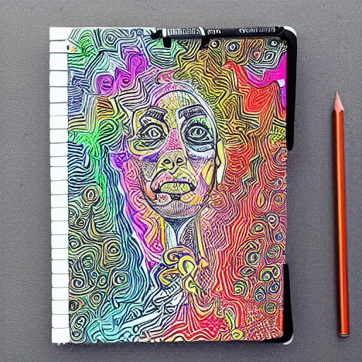 Image similar to psychedelic pencil sketches about social anxiety on a notebook