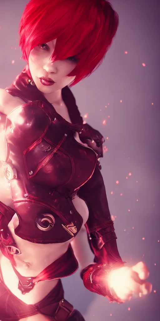 Image similar to a girl with short red hair, cool, vi from arcane, league of legends, fighter, cool red jacket, tattoo, beautiful, 3 d, potrait, art staion, studio light, closeup shot, octane render, wlop, realistic, neon