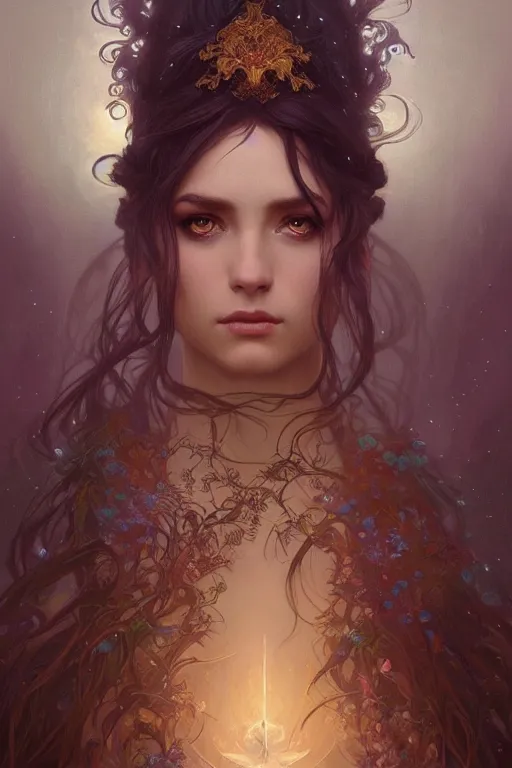 Image similar to portrait of a dark fantasy mystical nature sprite with beautiful face wearing elegant magical robe, alpine high moorland background, elegant, intricate, highly detailed, digital painting, artstation, concept art, sharp focus, illustration, art by artgerm and greg rutkowski and alphonse mucha