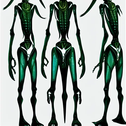 Image similar to a humanoid mantis alien creature, character design sheet, detailed concept art,