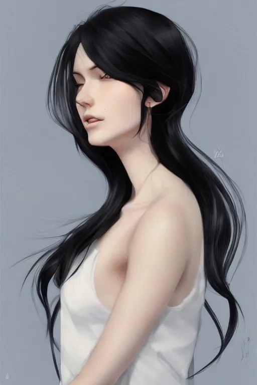 Prompt: sideview of a beautiful black haired pale woman, by artgerm, by studio trigger, by wlop, realistic, soft light, warm colors