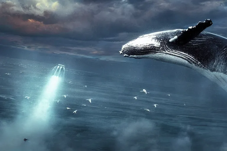 Prompt: a humpback whale flying over the NFL Super Bowl Stadium cinematic lighting by Jessica Rossier