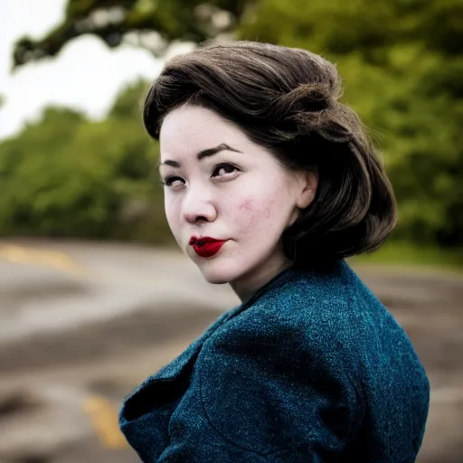 Image similar to Beautiful elegant female with smudged face, cosplaying as the Fallout 4 sole survivor, photographed on a slight overcast day on dilapitated street on Ikeshima island, Nikon D7100 with a Nikon 50mm F1.8, a Nikon 85mm F1.8, Golden hour, expressive face,