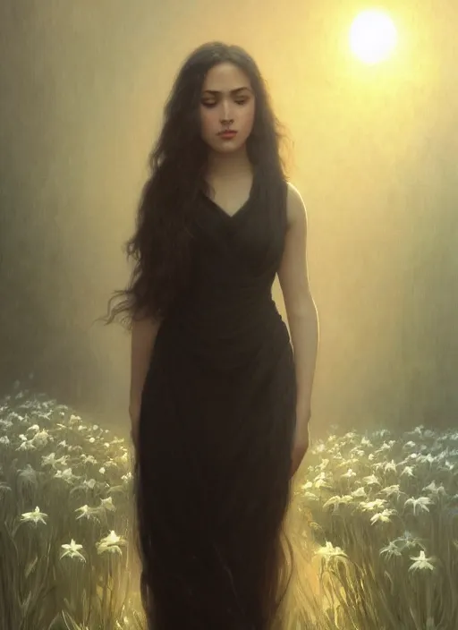 Image similar to oil painting close up portrait of a young woman with long dark flowing hair in a black dress, surrounded by white lilies!! at sunset, hazy, digital art, chiaroscuro, artstation, cinematic, golden hour, digital art painting by greg rutkowski, william - adolphe bouguereau, hazy atmosphere, cinematic lighting