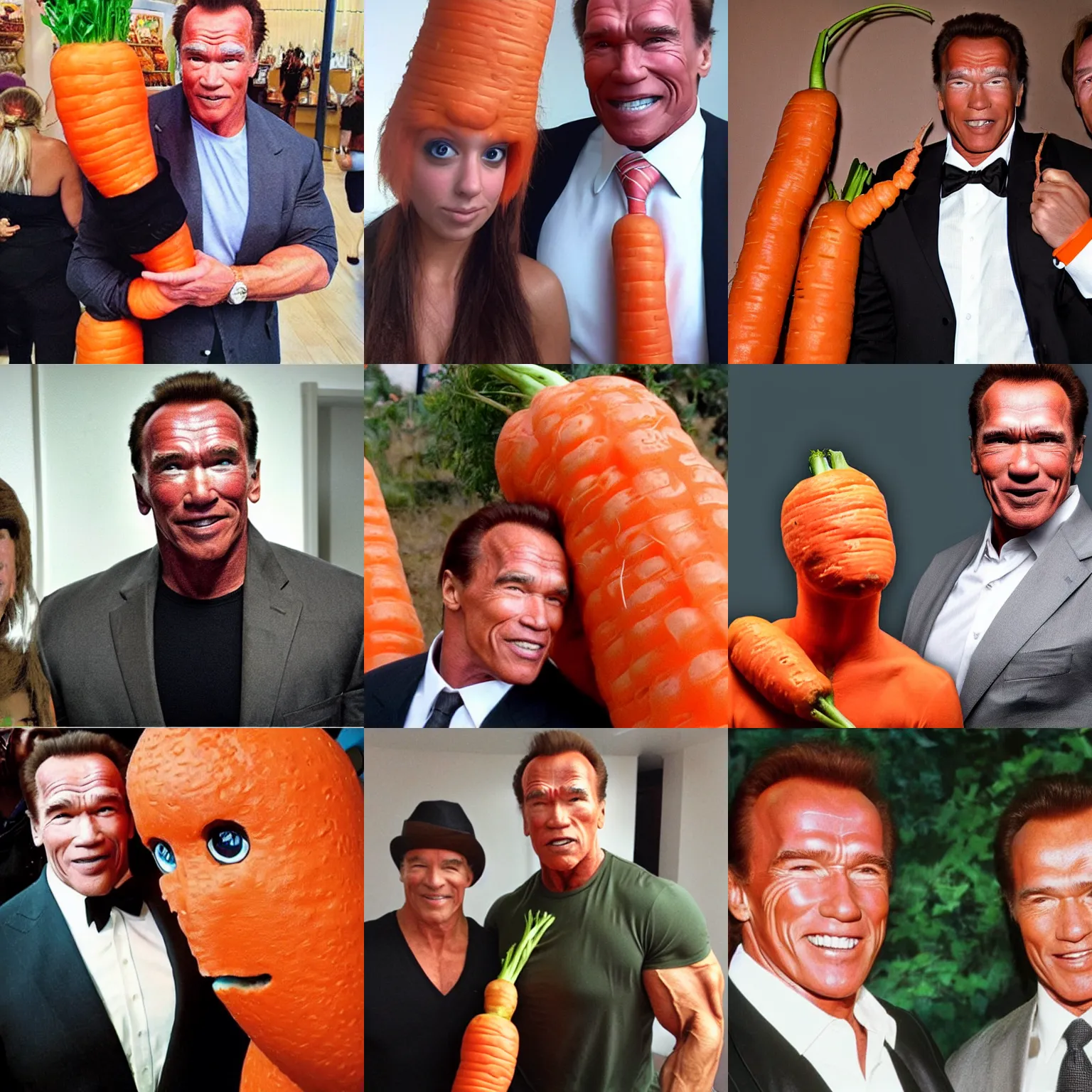 Prompt: photo of a human carrot!!!!!! with arnold schwarzenegger!!!!!!! face