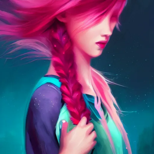 Image similar to colorful and festive captivating teenager girl with pink hair, cyan top crop, black skirt, black leggings, cute look. rich vivid colors, ambient lighting, dynamic lighting, 4 k, atmospheric lighting, painted, intricate, highly detailed by charlie bowater