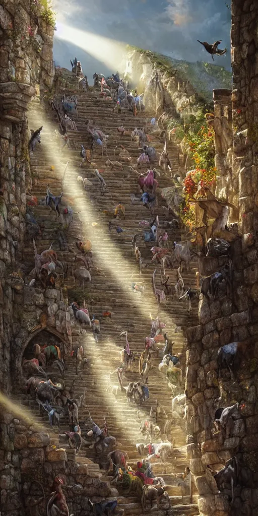 Image similar to a herd of goats!! climbing stairs in a beautiful fantasy castle, medieval city, citadel, magic, tall towers, murals, many goats, sunlight, vivid colors, god rays, digital art, landscape, fantasy art, octane render, unreal engine, high detail, very realistic, by greg rutkowski. by james gurney