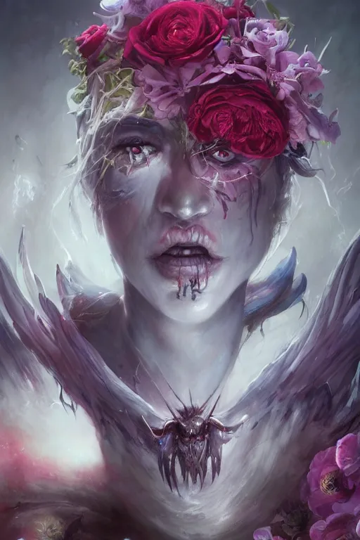 Image similar to demon face closeup of girl necromancer full of scars and flowers, wizard of the coast casting magic spell, angel, magic storm and thunder clouds, fantasy, magic the gathering, hyper detailed, 3 d render, hyper realistic detailed portrait, peter mohrbacher