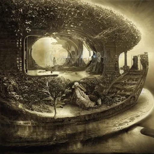 Image similar to A beautiful computer art. Think of it as a parallel universe. But maybe it’s the real one, and we’re in a dream. etching by Andreas Franke