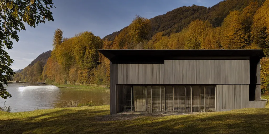 Image similar to a house by the river rhein close to mumpf designed by peter zumthor, beautiful ambient light, silver hour