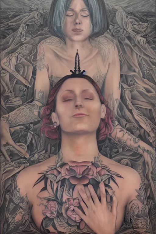 Image similar to tattooed beautiful cult woman in dress, transcendental meditation, expanding consciousness, and smiling, symmetric, dark, moody, eerie religious composition, photorealistic oil painting, post modernist layering, by Sean Yoro