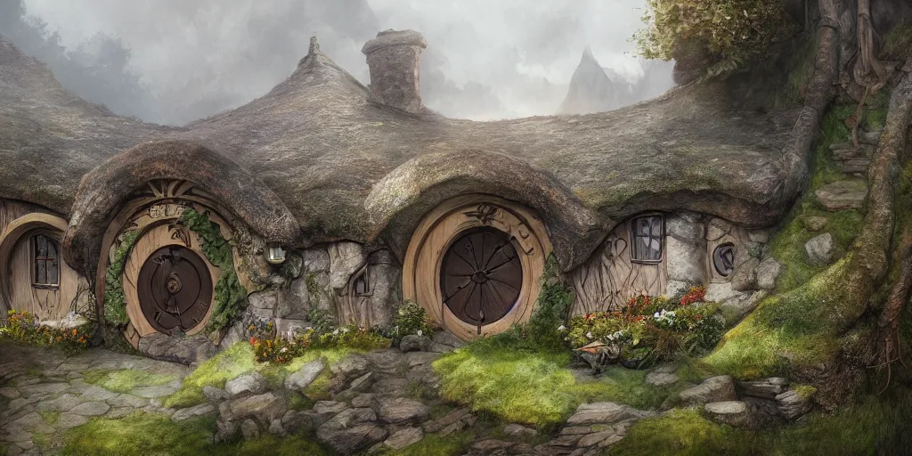 Image similar to The house of the Hobbit Bilbo Baggins, highly detailed, digital painting, artstation, concept art, smooth, sharp focus ilustration, Artstation HQ