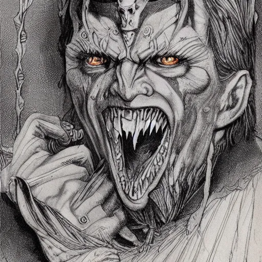 Prompt: impossibly detailed & intricate illustration portrait of the vampire king, colored, by josh kirby, super refined, 8 k, detailed line work