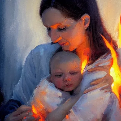 Image similar to beautiful woman cradling her child made of fire by stefan kostic, elegant, realistic, loving