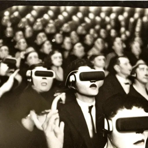 Prompt: cinema audience wearing vr headsets in the 2 0 s