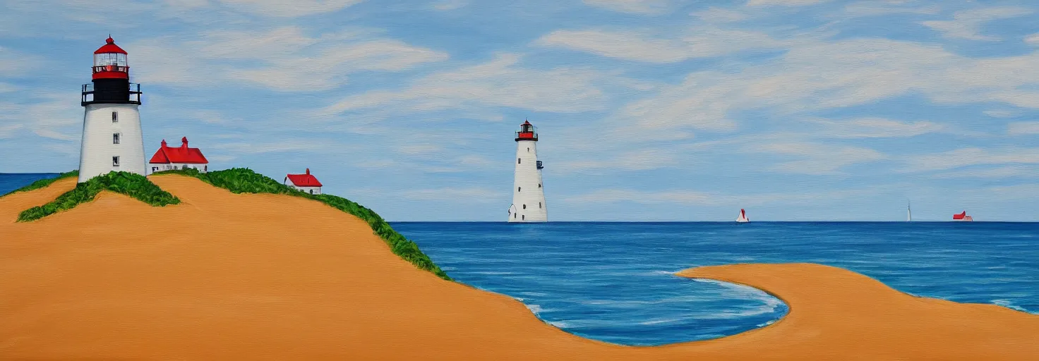 Prompt: super detailed acrylic painting of Prince Edward Island with ocean,a single lighthouse and sand dunes.