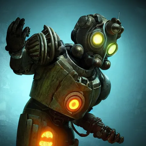 Prompt: isaac clarke!!!!!!!!!!!!!!!!! as a bioshock big daddy, unreal engine 5, bioshock and deadspace crossover event, high detail 3 d render,