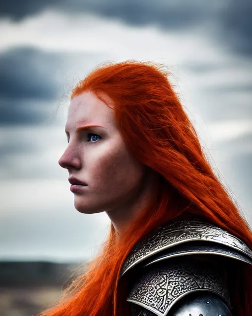 Image similar to north adult female warrior, red hair, ginger hair, long hair, fantasy, female Viking, high detailed, photography, cloudy, lightweight leather armour, Scandinavia, plain, detailed face, beautiful face, beautiful girl, look into the distance, professional model, glowing skin, serious face, full body,in full growth, professional photographer, masterpiece, 50 mm, extremely detailed, 8k, 3D