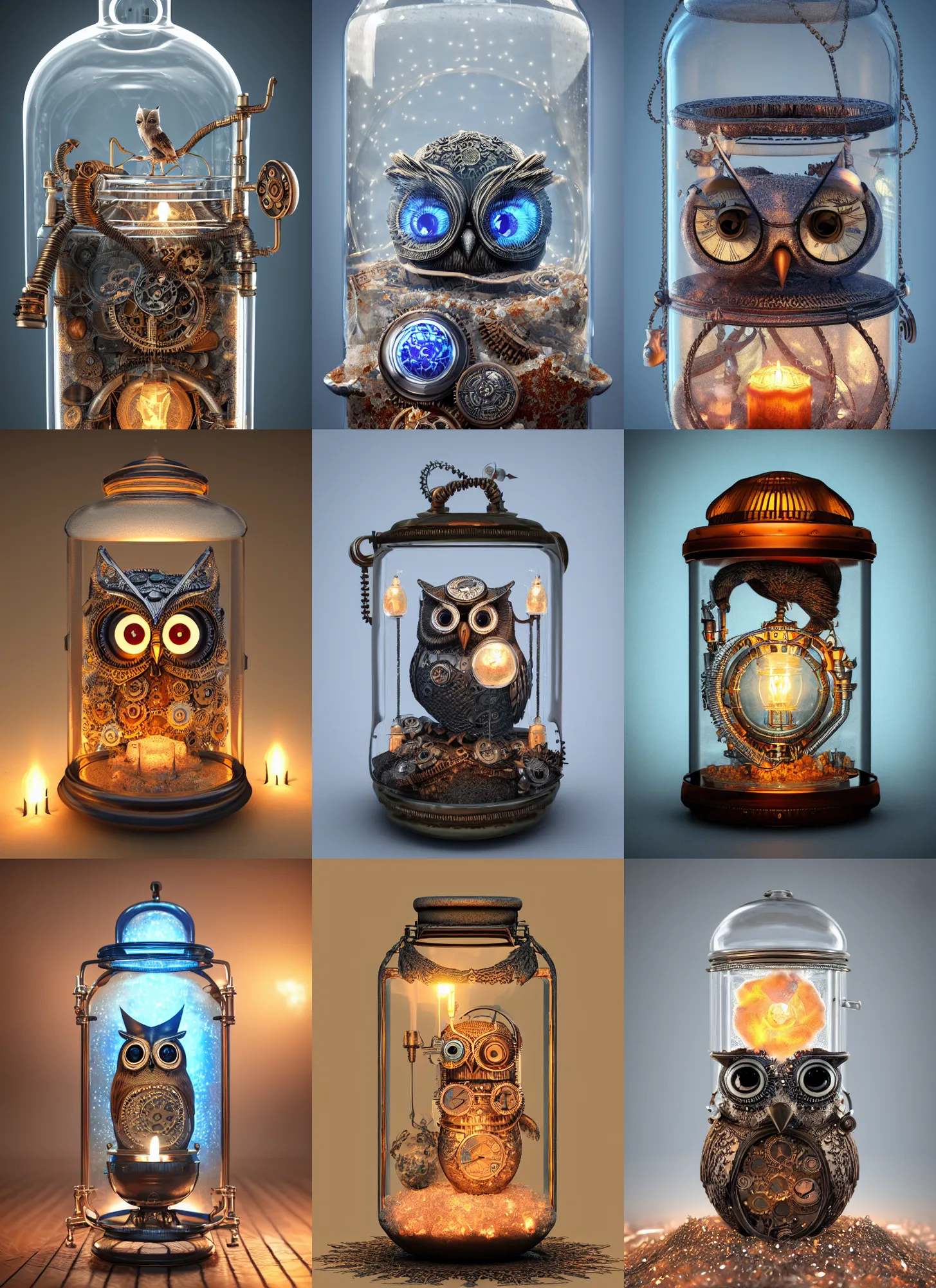 Prompt: steampunk owl inside a glass jar buried in sand, himalayan rocksalt lamp, intricate detail, hyper detailed, ultra realistic, sharp focus, octane render, lantern candle, spiral, volumetric, ray tracing, artstation trending, blue moon, cgsociety, sense of awe, swirling mist, 4 k