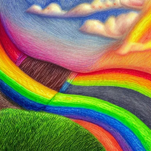 Prompt: Intricate five star rainbow landscape by Anna Kullberg, Colored pencil on paper, high detail, skin texture, photo realistic, hyperrealism,matte finish, high contrast, 3d depth, masterpiece, vivid colors, artstationhd