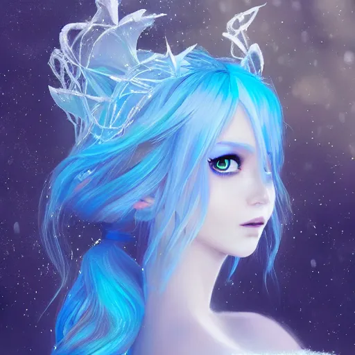 Prompt: a beautiful winter fairy, blue hair, snow, fantasy, realism, pretty, trending on artstation