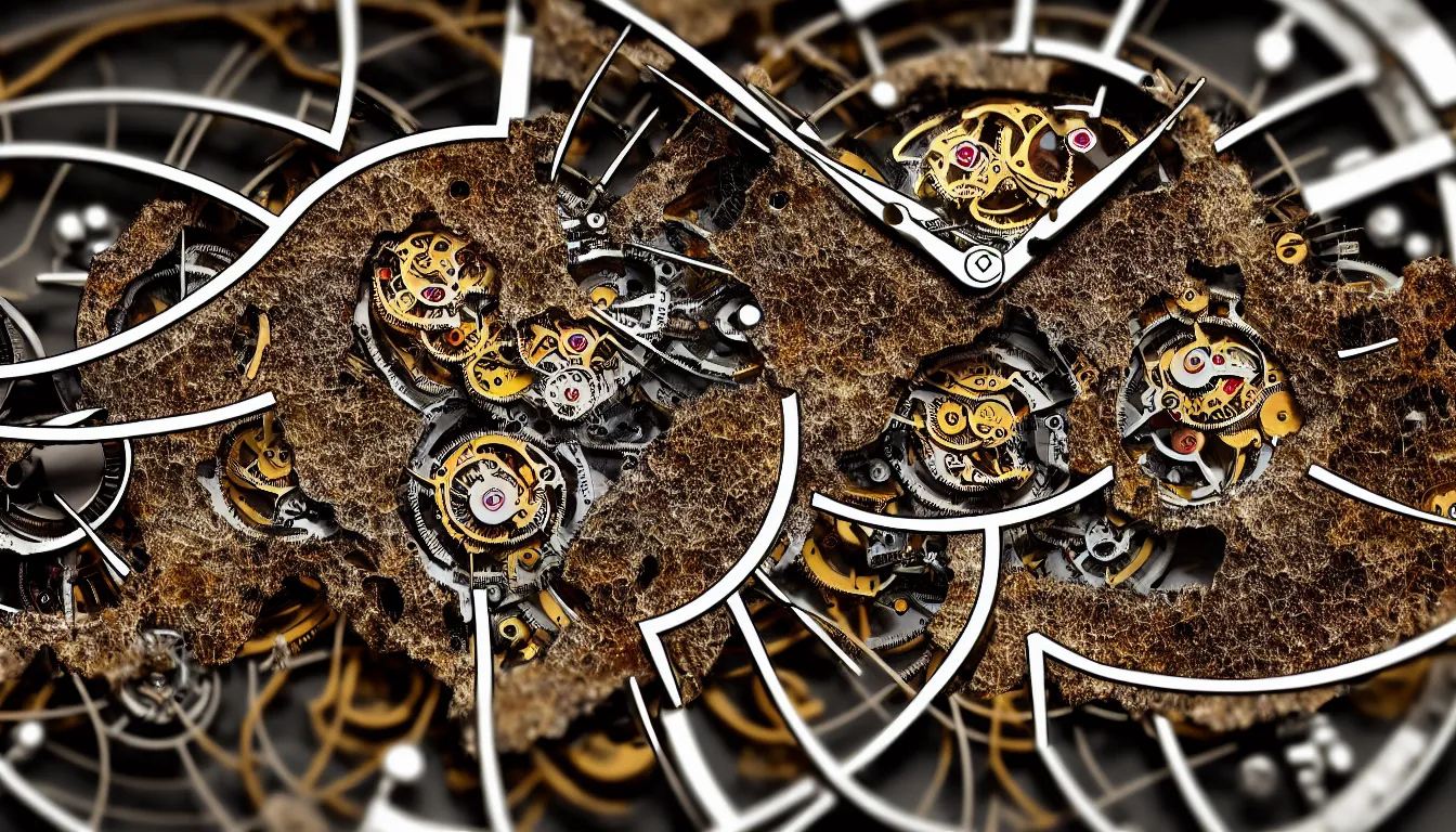 Image similar to detailed view from inside a clockwork watch, entangled roots, cracked earth, living microorganisms, decaying, hyper realistic photo, full colour, upscale, 8 k