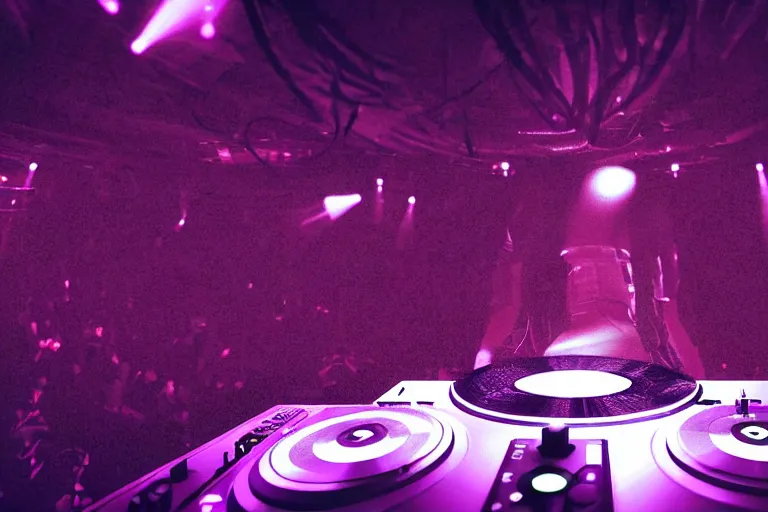 Prompt: beautiful digital art of a dj on stage spinning records with headphones looking over crowd dancing at a club by h.r. giger and moebius, silhouette, volumetric lighting, haze, moving heads light beams, spot lights, disco ball, trending on artstation, 4k, unreal engine, intricate, ornate