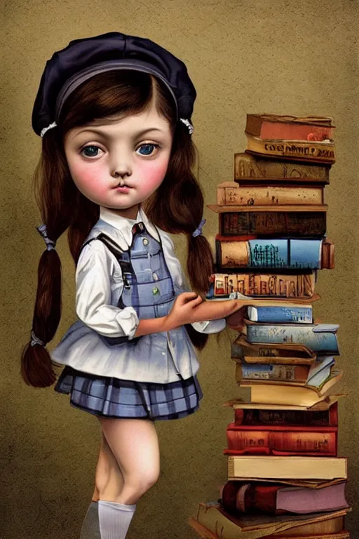 Prompt: cute little school girl with books, lowbrow, matte painting, 3 d highly detailed, in the style of mark ryden