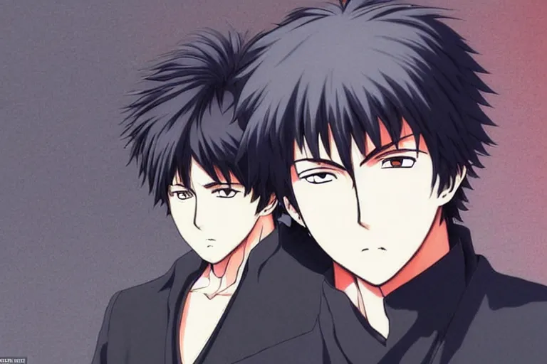 Image similar to A handsome man，Black short hair like a hedgehog, blue pupil, Hijikata Toushirou of Gintama,Kyoto Animation