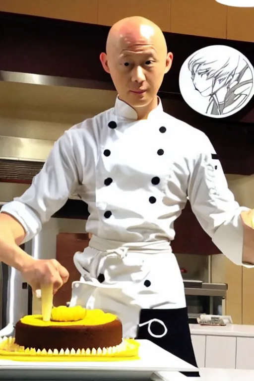 Image similar to chef saitama one punch man, dressed as a pastry chef, making a cake, masterpiece anime artwork