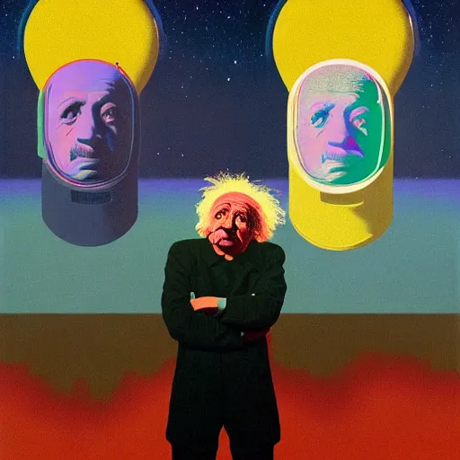 Prompt: portrait of Einstein in astronaut suit by Andy warhol and Petros Afshar and Beeple, Edward Hopper and James Gilleard, Zdzislaw Beksinski, Mark Ryden, Wolfgang Lettl highly detailed