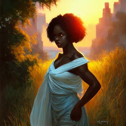 Image similar to a Photorealistic dramatic hyperrealistic bright blue eyes, African American elegant girl, black hair, white veil,by WLOP,Artgerm,Greg Rutkowski,Alphonse Mucha, Dang My Linh, Beautiful dynamic dramatic bright sunset lighting,shadows,cinematic atmosphere,Artstation,concept design art,Octane render,8k, garden