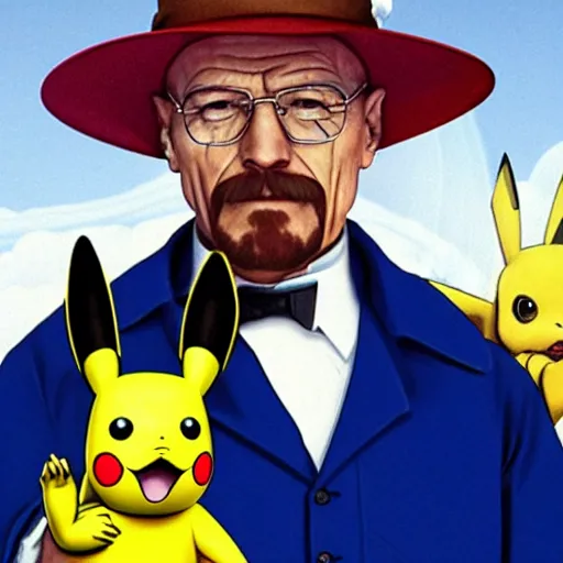 Image similar to 19th century portrait of Walter White holding Pikachu