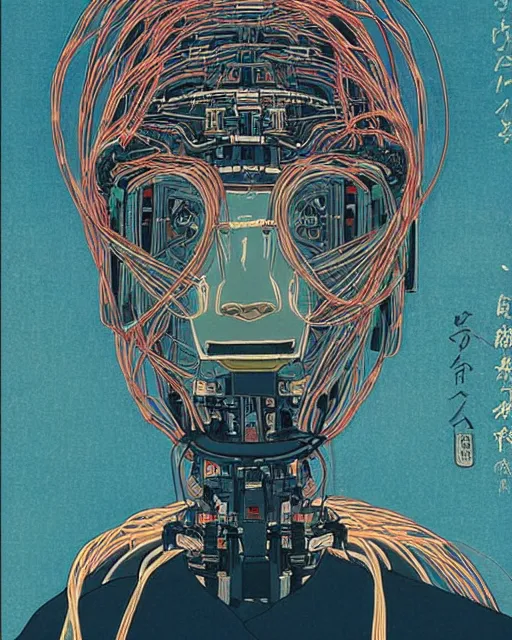Image similar to Hiroshige portrait of a robot saint made of cables and robotic pod by victo ngai