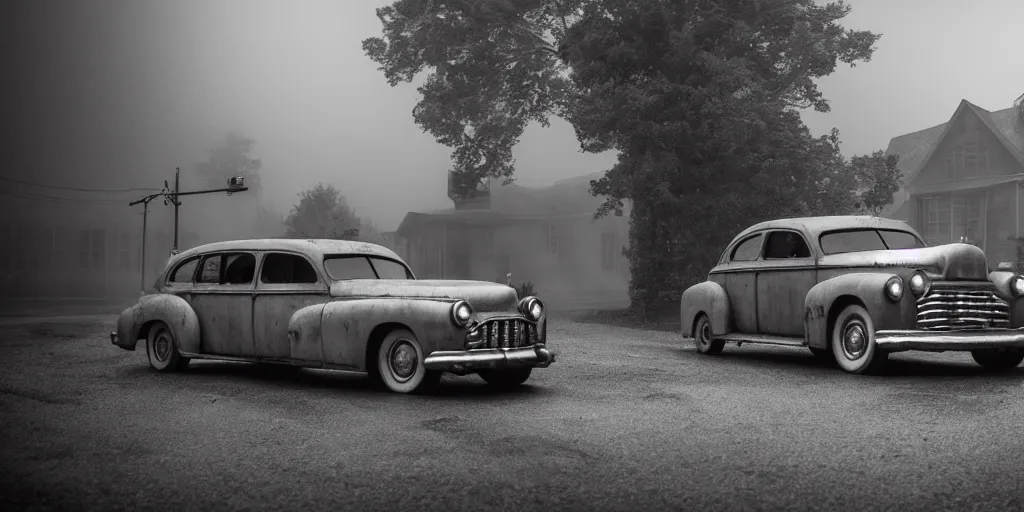 Image similar to Lovecraft Country, ultra detailed haunted house, rain, establishing atmospheric shot, unreal engine, F11 aperture, night, volumetric fog, lighting and thunder, film grain, ultra detailed grey 1948 Packard Station Sedan parked in the street,