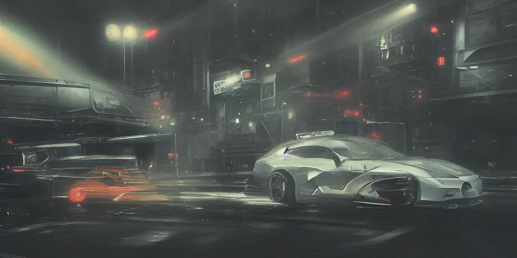 Image similar to full view of a sport car, surrounded in a detailed smoke, busy wet street at night, painted in dark color holographic pearlescent, elegant, digital painting, concept art, smooth, sharp focus, art style from Wang Ke and Greg Rutkowski and Bruce Kaiser and Scott Robertson and Dmitry Mazurkevich and Doruk Erdem and Jon Sibal, small style cue from Mad Max