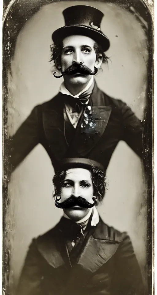Image similar to a wet plate photograph, a portrait of a circus ringmaster with an Imperial Mustache,