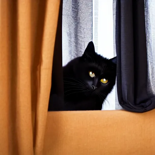 Prompt: a black cat lying behind the curtain, photo