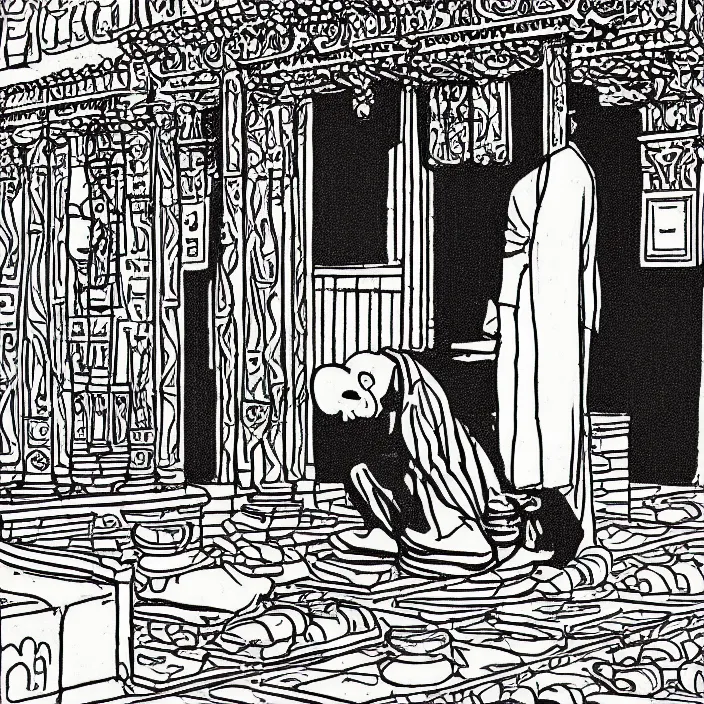 Prompt: a still frame from comic strip a person praying in the temple 1 9 9 0, new yorker illustration, monochrome contrast bw, lineart, manga, simplified