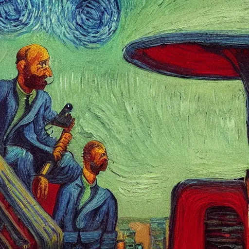 Image similar to painting of the last human on earth watching annalien invasion descending onto a city, in the style of Vincent Van Gogh and Edward Hopper