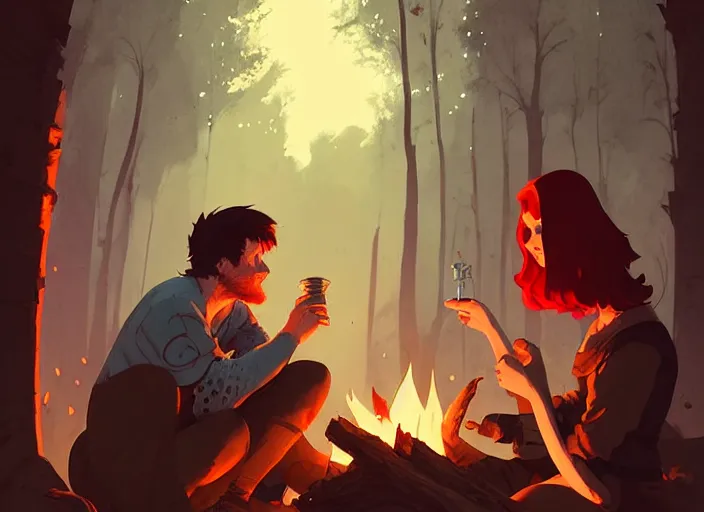 Image similar to a brunette man and a red - haired woman chatting together around a campfire, medieval times by atey ghailan, by greg rutkowski, by greg tocchini, by james gilleard, by joe fenton, by kaethe butcher, dynamic lighting, gradient light blue, brown, blonde cream and white color scheme, grunge aesthetic