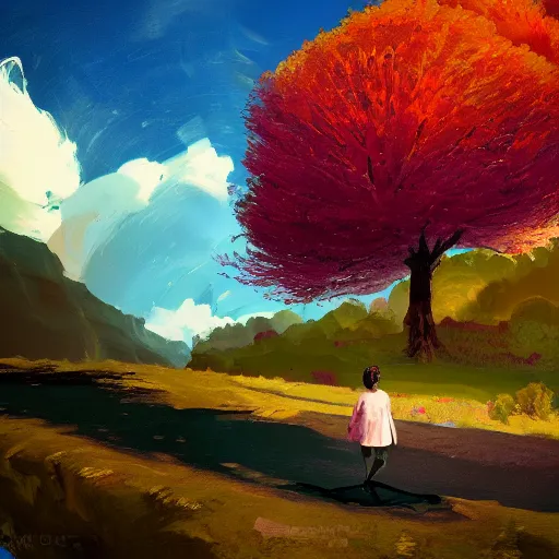 Prompt: giant cherry tree floating overhead, girl walking in a canyon, surreal photography, sunrise, dramatic light, impressionist painting, colorful clouds, digital painting, artstation, simon stalenhag