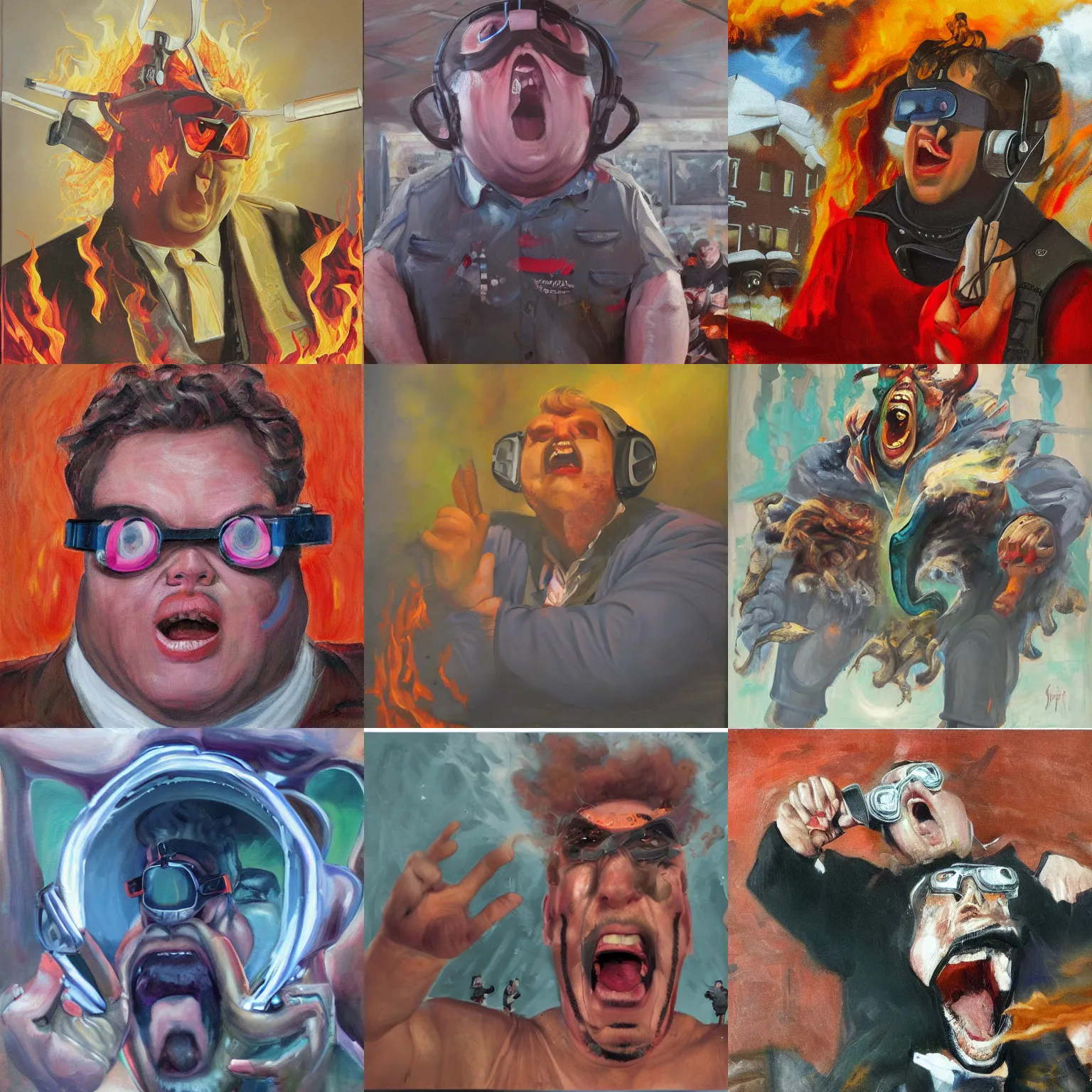 Prompt: portrait from hell, john candy wearing vr goggles screaming in anguish, fire and brimstone, oil on canvas by sidney mount, trending on artstation