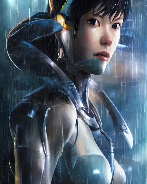 Image similar to weta disney pixar movie still portrait photo of motoko kusanagi ghost in the shell : : as cyborg woman by pixar : : by weta, wlop, ilya kuvshinov, rossdraws, artgerm, marvel, maxim cover, latex, octane render, sweaty, iridescent, bright morning, anime, liosh, mucha : :